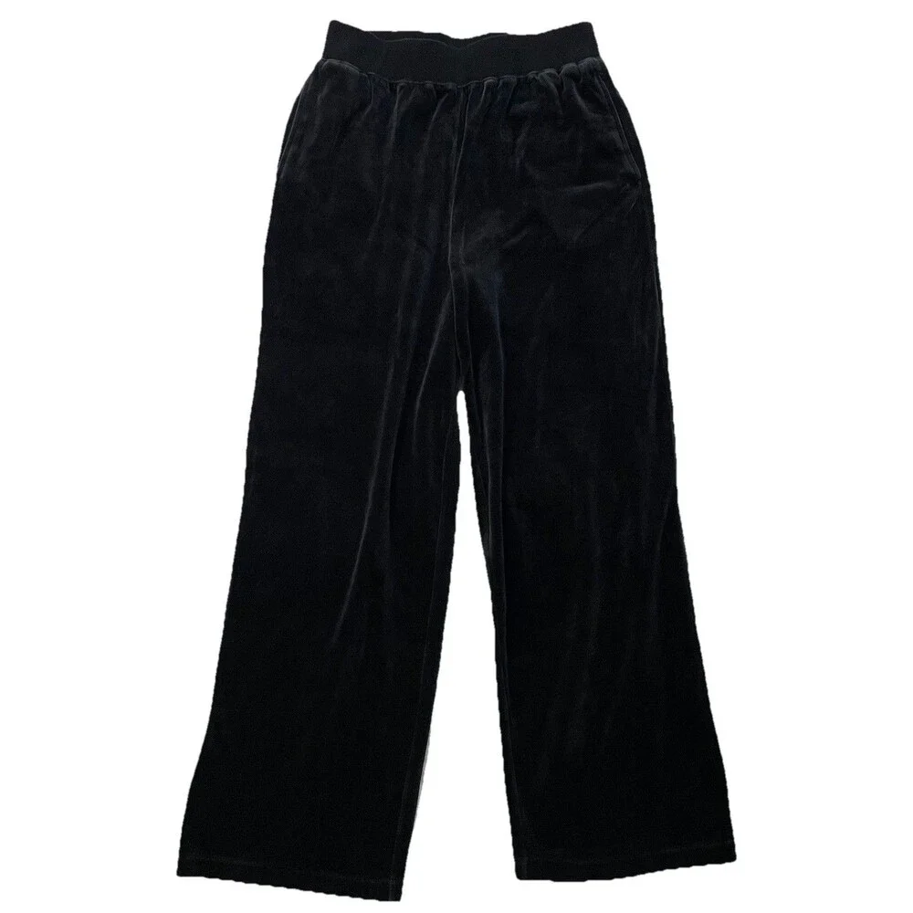 City Hearts Velour Lounge Pants Women’s Black Y2K Pull On Wide Leg M Pockets